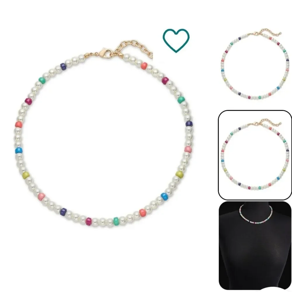 On 34th Gold-Tone Bead & Imitation Pearl Collar Necklace, 16-1/2